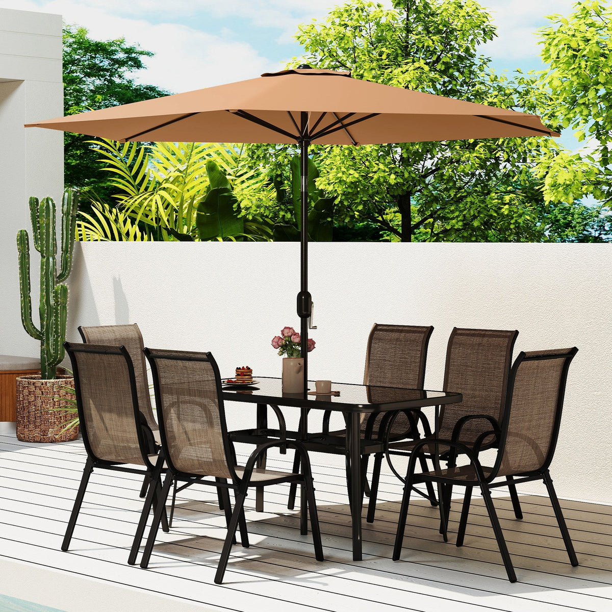 8-Piece Patio Dining Set with 9 Ft Umbrella, Mixed Brown
