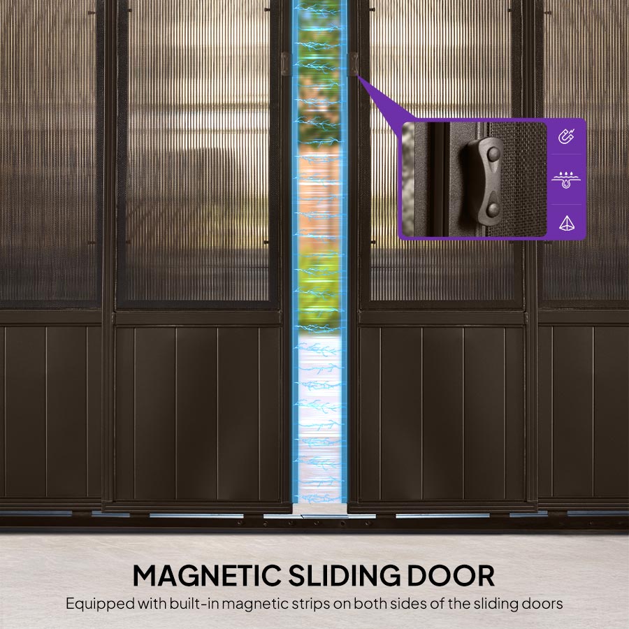 PURPLE LEAF Bronze Frame Sunroom Hardtop Gazebo Solarium Wood Grain Columns Galvanized Steel Double Roof All-Weather Screen House with Lights