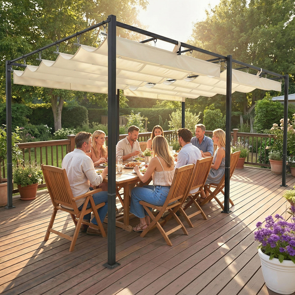 19' x 10' Pergola with Retractable Canopy, Cream White