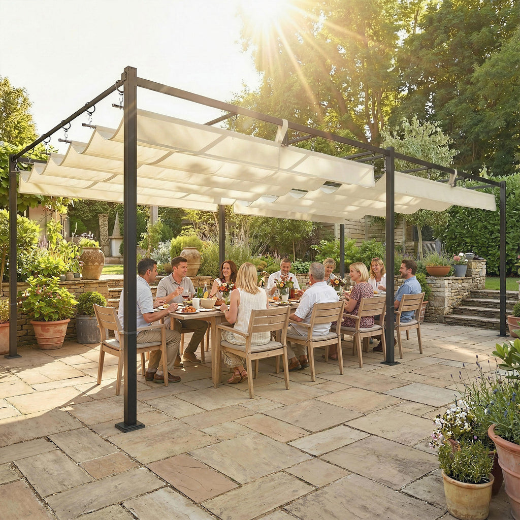 19' x 10' Pergola with Retractable Canopy, Cream White