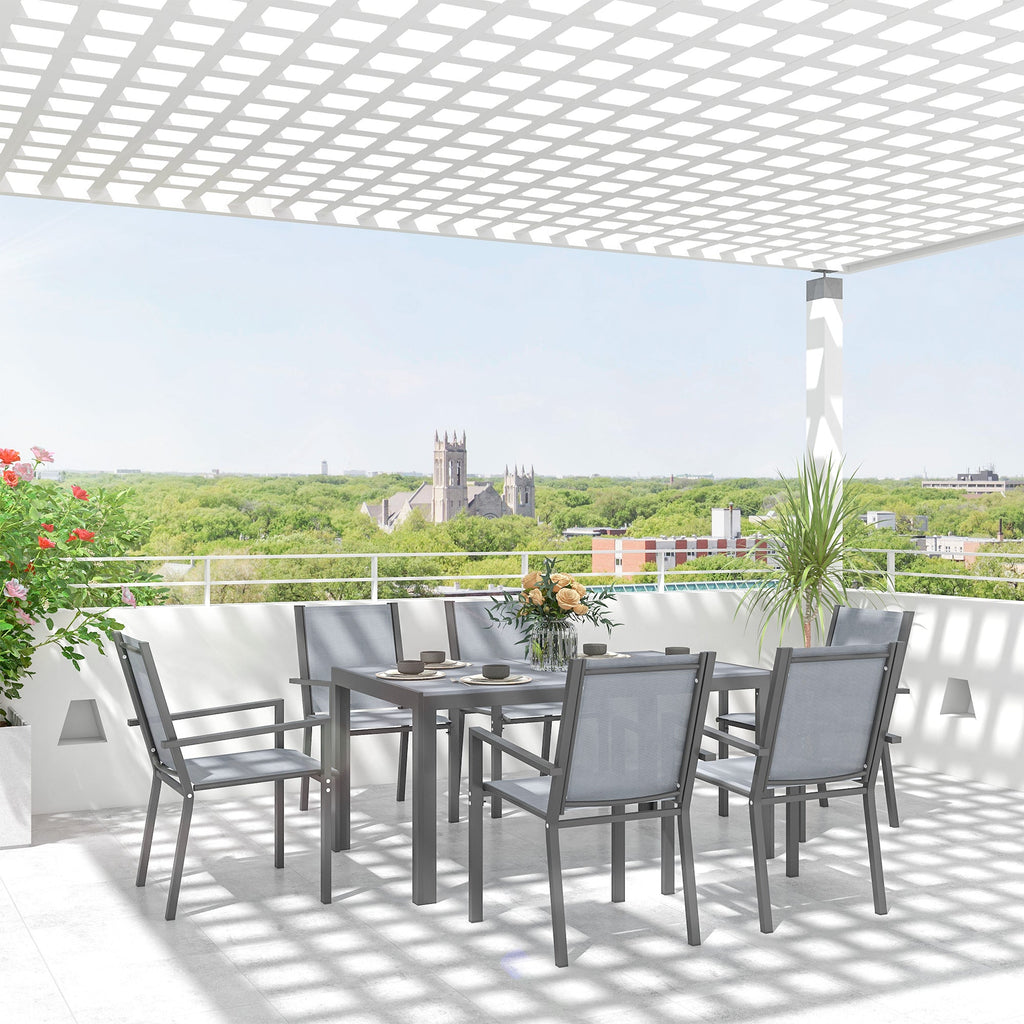 7pc Patio Dining Set with WPC Table and 6 Stackable Chairs, Light Grey