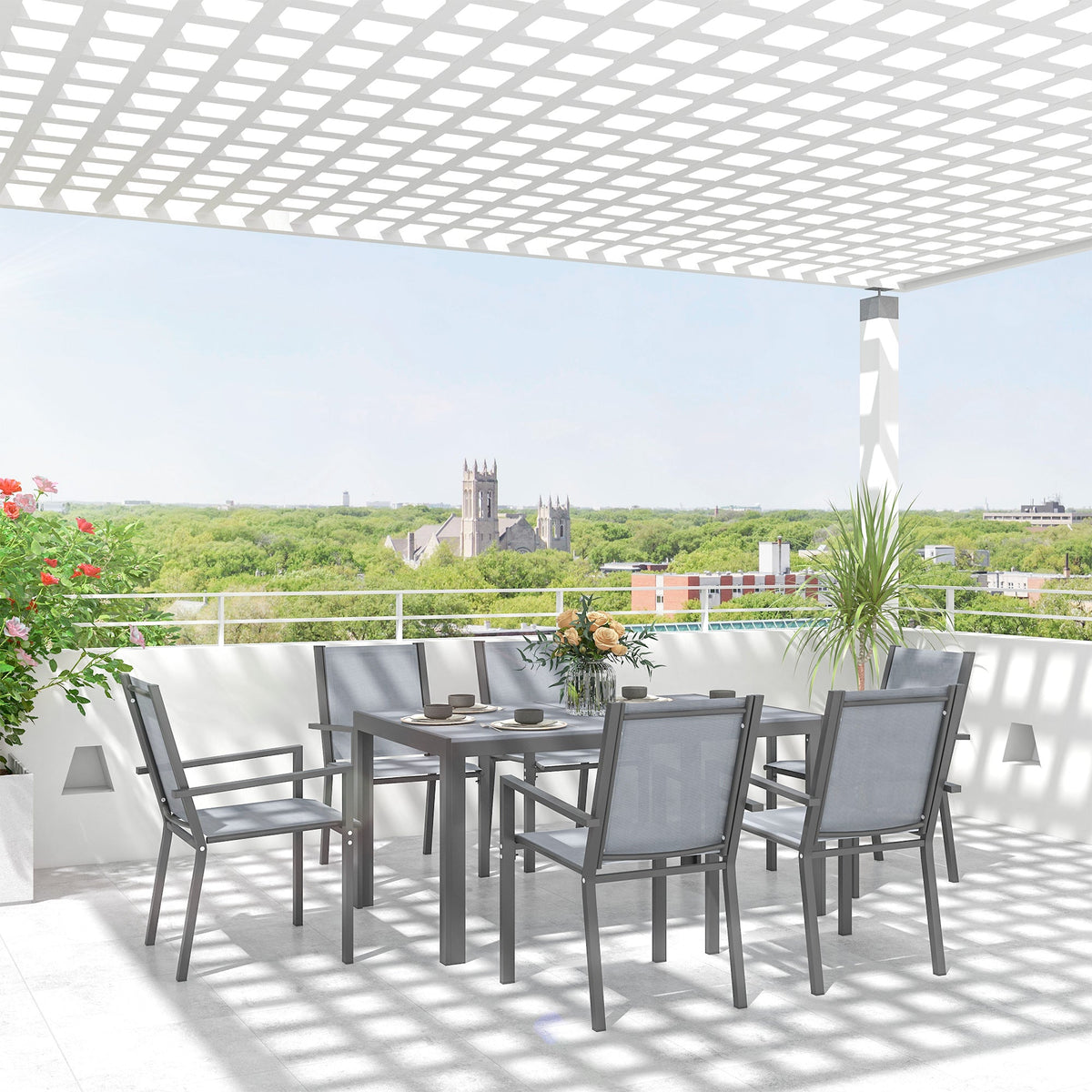 7pc Patio Dining Set with WPC Table and 6 Stackable Chairs, Light Grey