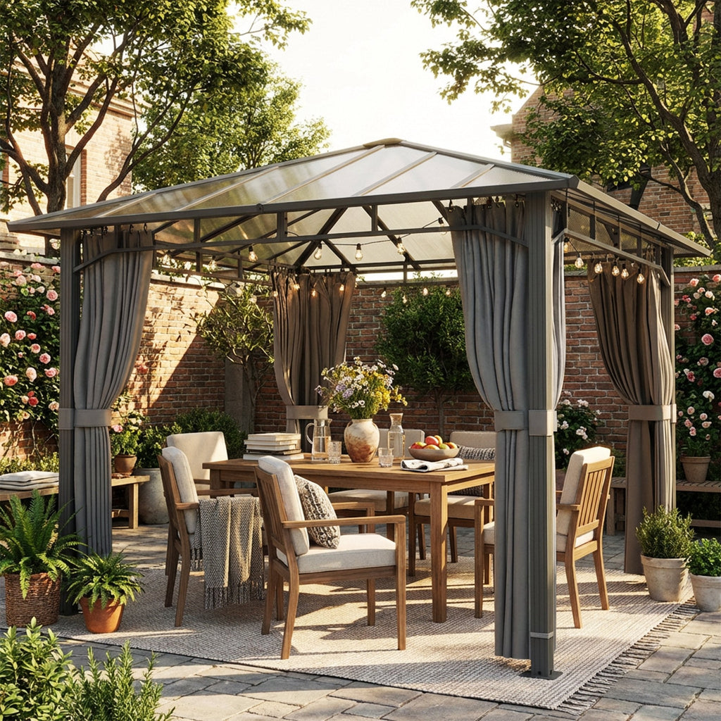 3 x 3 m Hardtop Gazebo with Polycarbonate Roof and Curtains, Tan