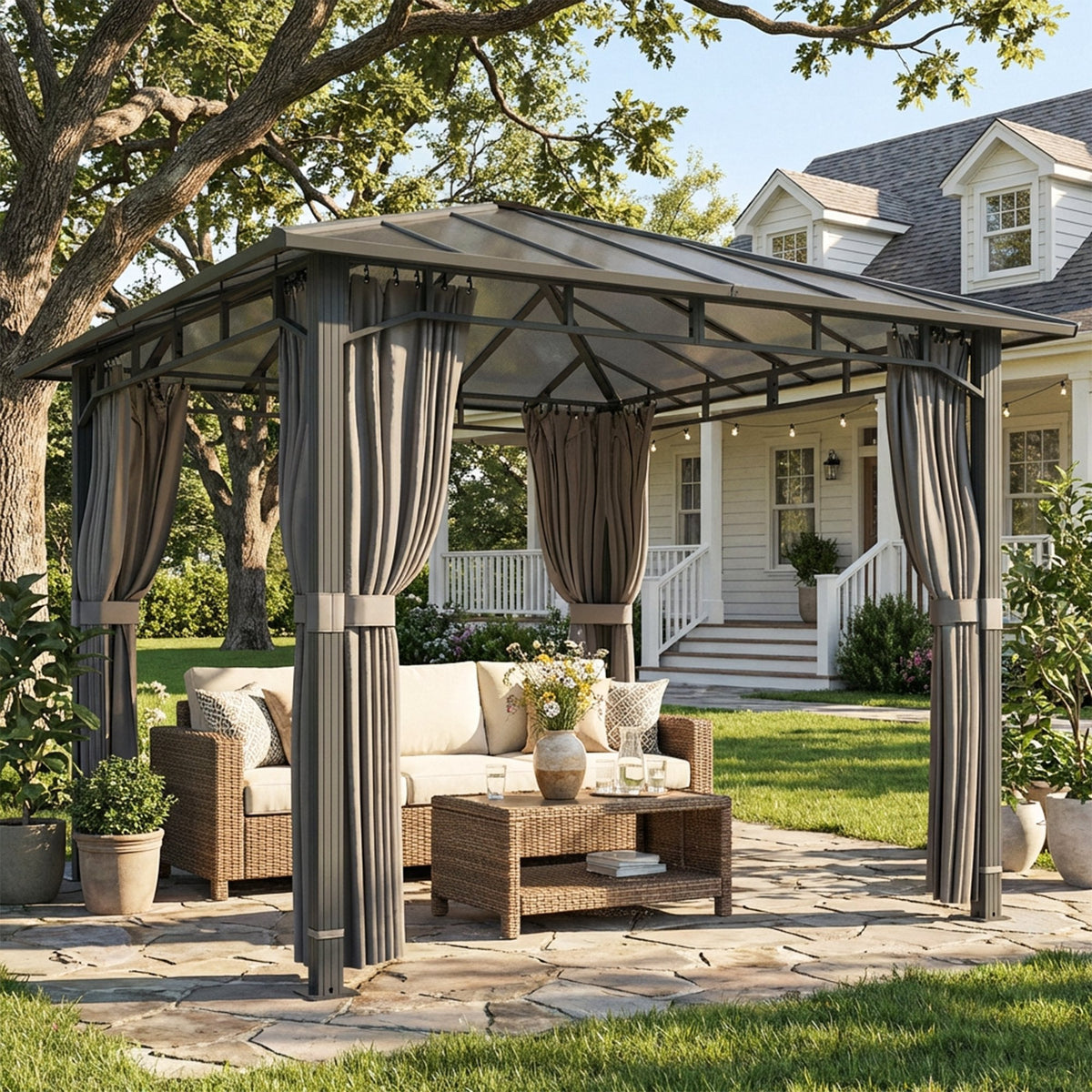 3 x 3 m Hardtop Gazebo with Polycarbonate Roof and Curtains, Tan