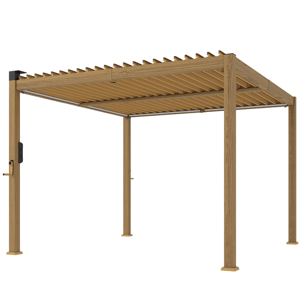 10' x 10' Louvered Pergola with Solar LED Lights and Adjustable Roof, Brown