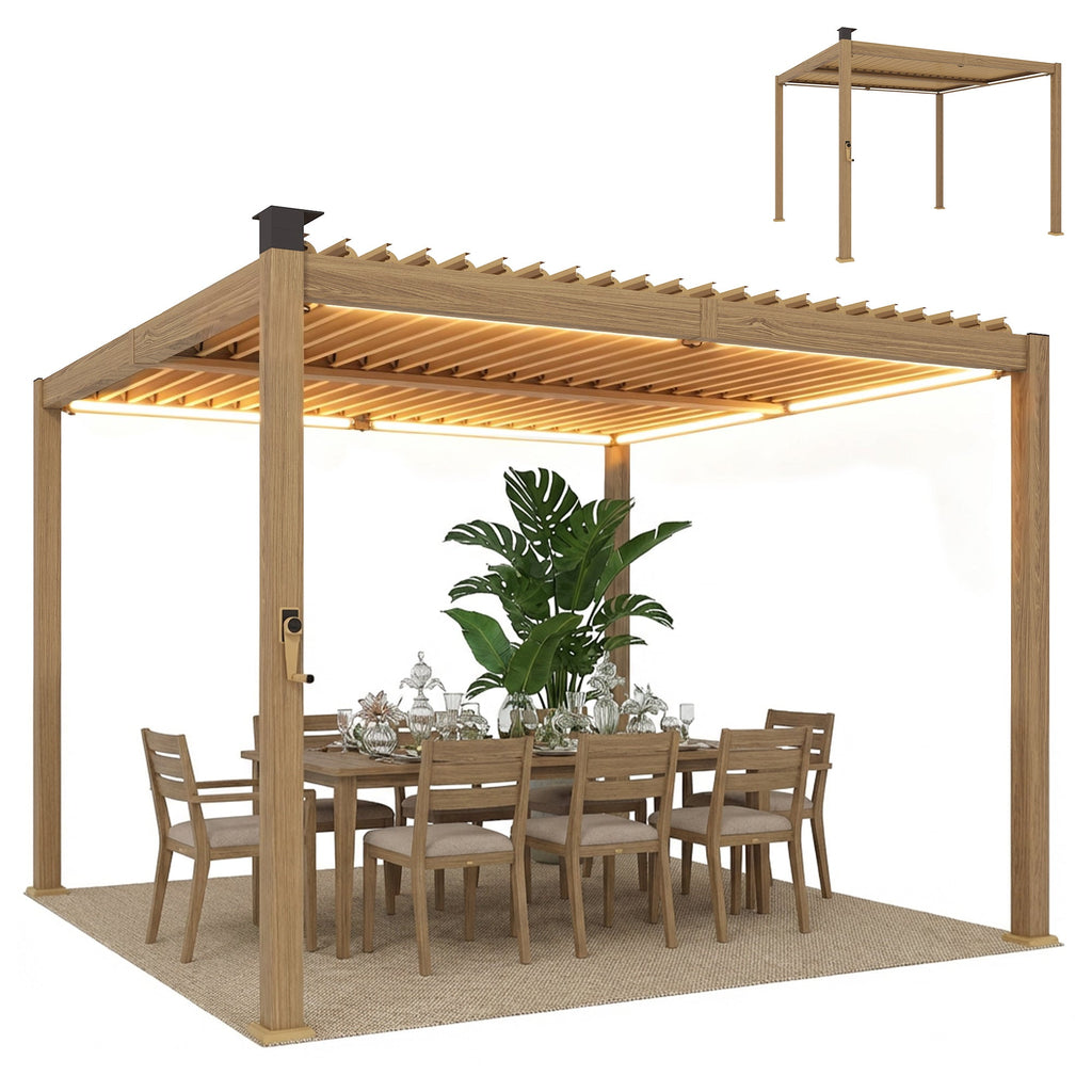 10' x 10' Louvered Pergola with Solar LED Lights and Adjustable Roof, Brown