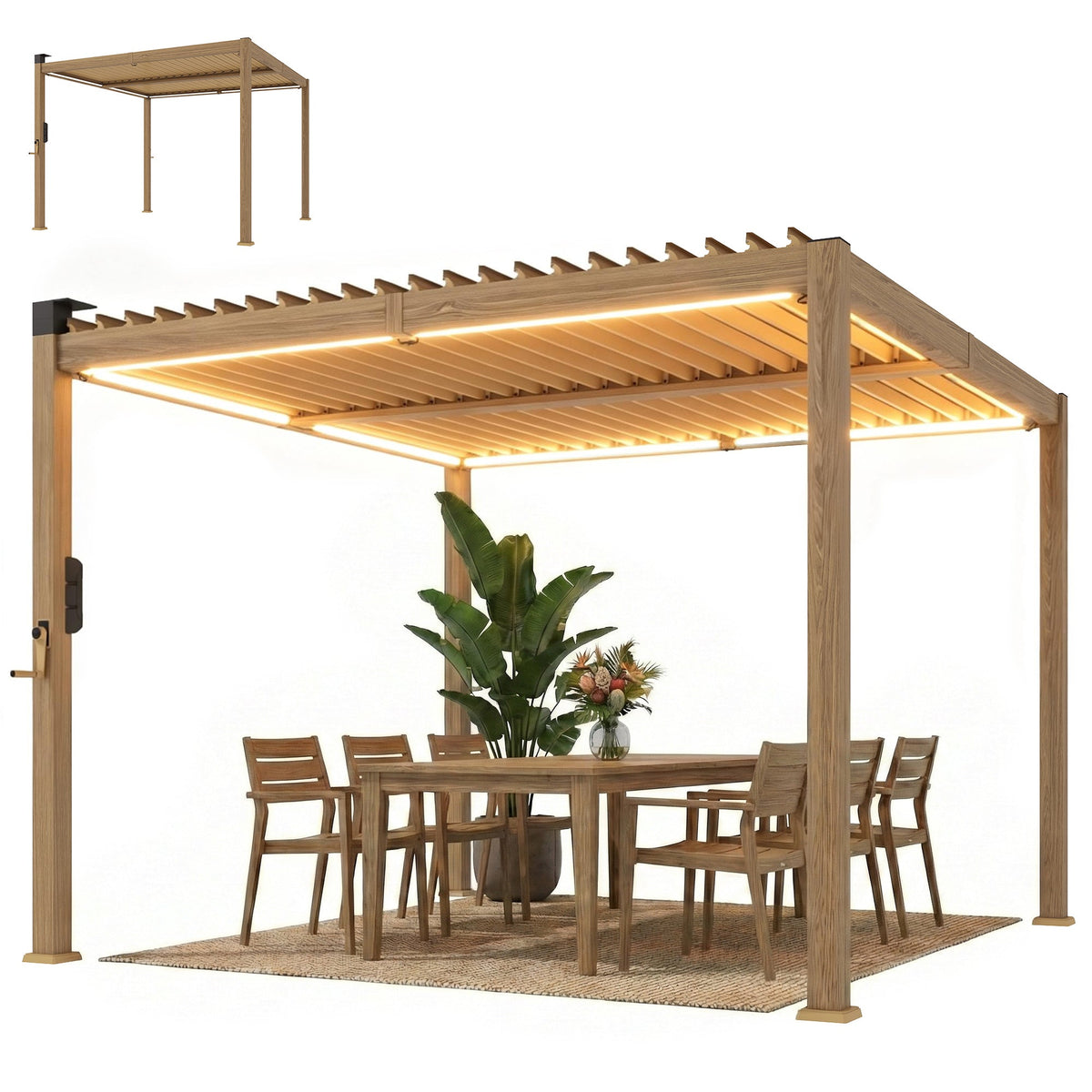 10' x 10' Louvered Pergola with Solar LED Lights and Adjustable Roof, Brown