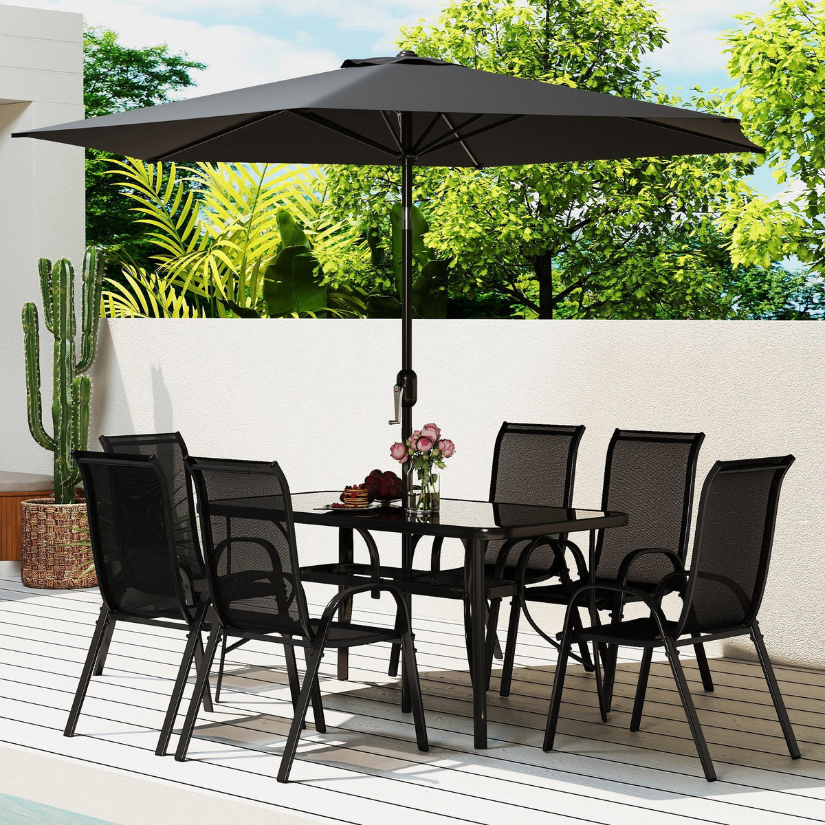 8-Piece Patio Dining Set with 9 Ft Umbrella, Black