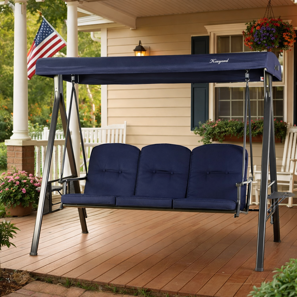 Kozyard Herbert Deluxe 3-Seat Patio Porch Swing with Stand, Adjustable Canopy, Outdoor Freestanding Swing Chair for Backyard, Poolside, Balcony, Weather-Resistant
