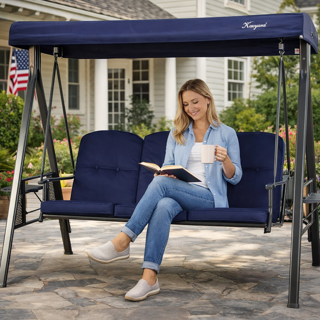 Kozyard Herbert Deluxe 3-Seat Patio Porch Swing with Stand, Adjustable Canopy, Outdoor Freestanding Swing Chair for Backyard, Poolside, Balcony, Weather-Resistant