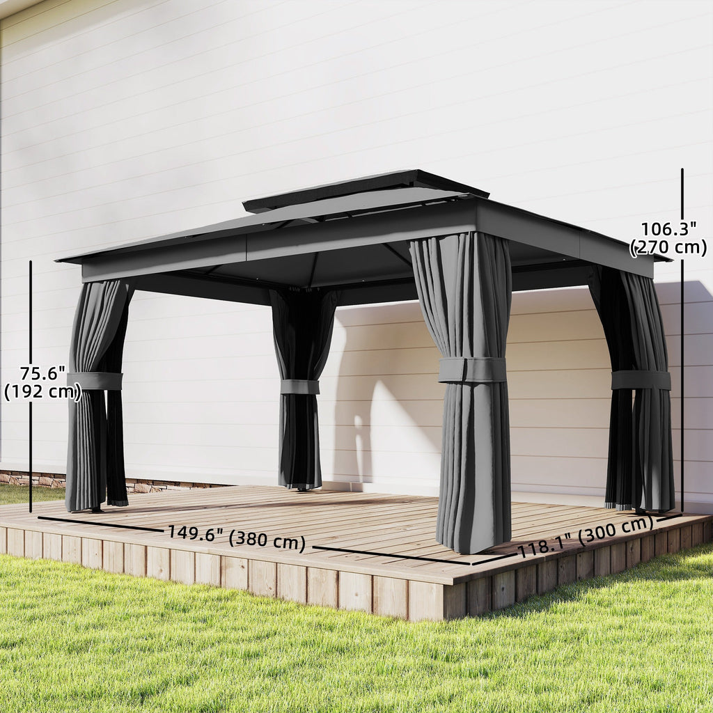10' x 12.5' Outdoor Gazebo with Double Roof, Curtains and Netting, Dark Grey