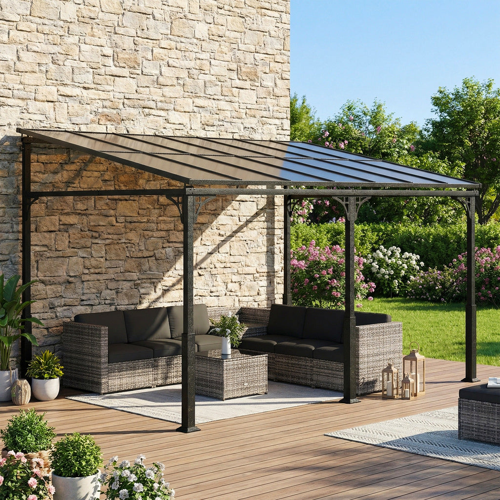 13' x 10' Lean-to Gazebo with Polycarbonate Roof, Brown