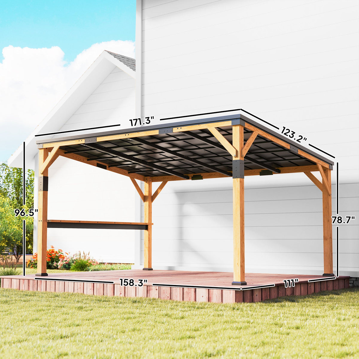 PerArbor 10' x 14' Wooden Lean-to Gazebo with Galvanized Steel Sloped Roof and Bar Shelf