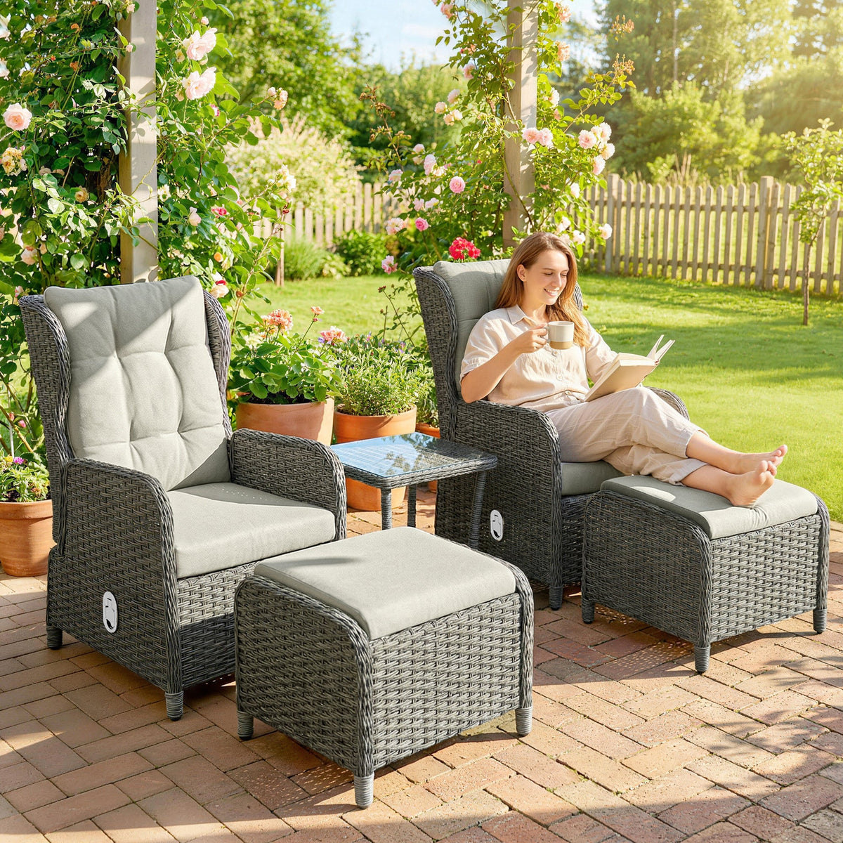 5 Piece Rattan Reclining Chair Set with Footstool and Glass Table, Cream White