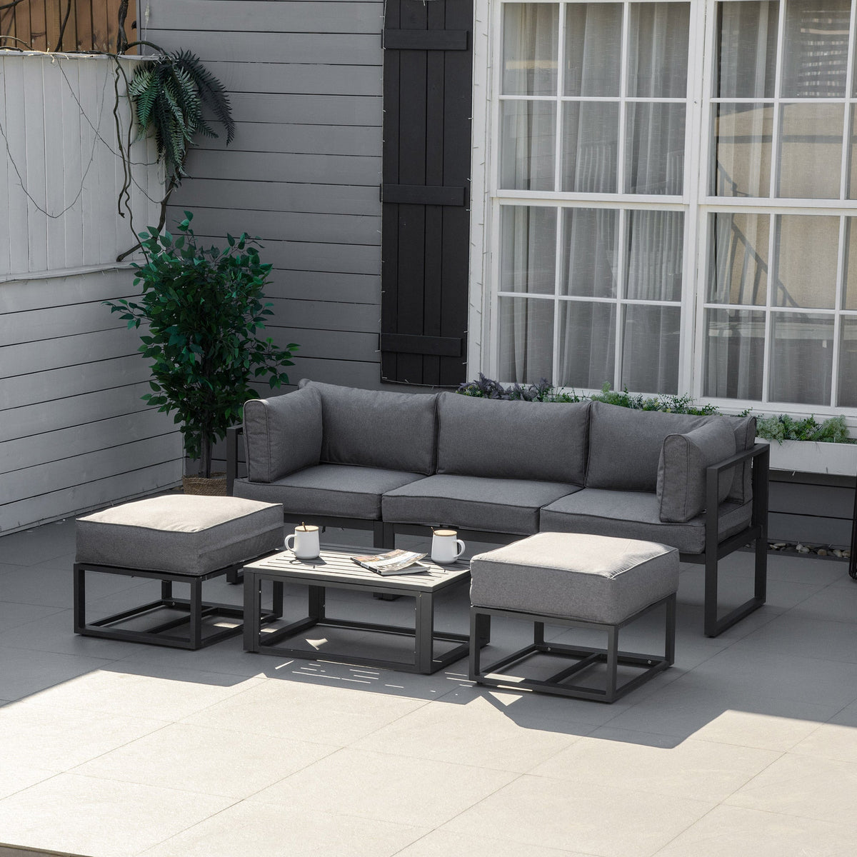 6pc Outdoor Patio Furniture Set with Daybed and Footstools, Grey