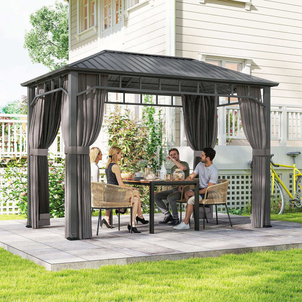 2 x 3.5 m Hardtop Gazebo with Galvanised Roof, Netting & Curtains, Dark Grey