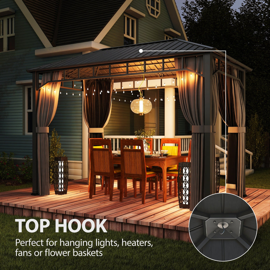 2 x 3.5 m Hardtop Gazebo with Galvanised Roof, Netting & Curtains, Dark Grey