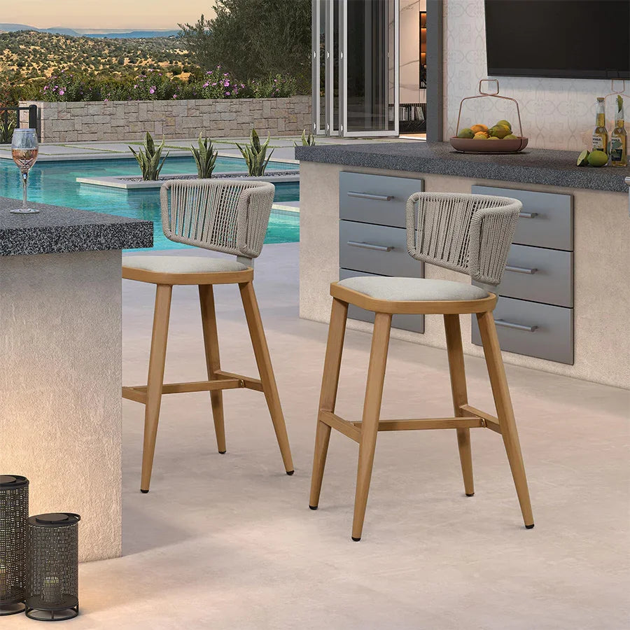 Clearance - PURPLE LEAF Outdoor Bar Stool Set of 2 Modern Rattan Bar Chairs with Woven Rope Back Wicker Patio Barstools for Indoor Kitchen Garden