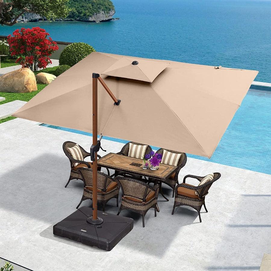 PURPLE LEAF Outdoor Garden Umbrella with Base, Cantilever Umbrellas in Wood Color