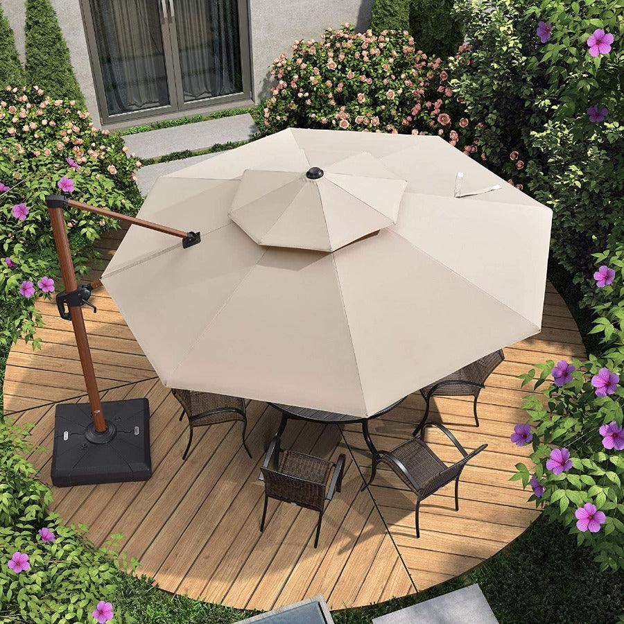 PURPLE LEAF Outdoor Garden Umbrella with Base, Cantilever Umbrellas in Wood Color