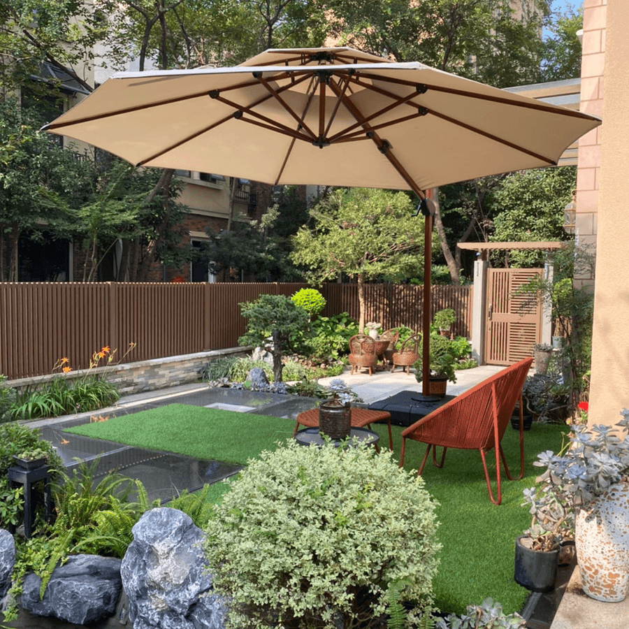 PURPLE LEAF Outdoor Garden Umbrella with Base, Cantilever Umbrellas in Wood Color