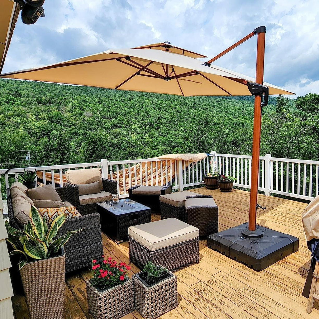 PURPLE LEAF Outdoor Garden Umbrella with Base, Cantilever Umbrellas in Wood Color