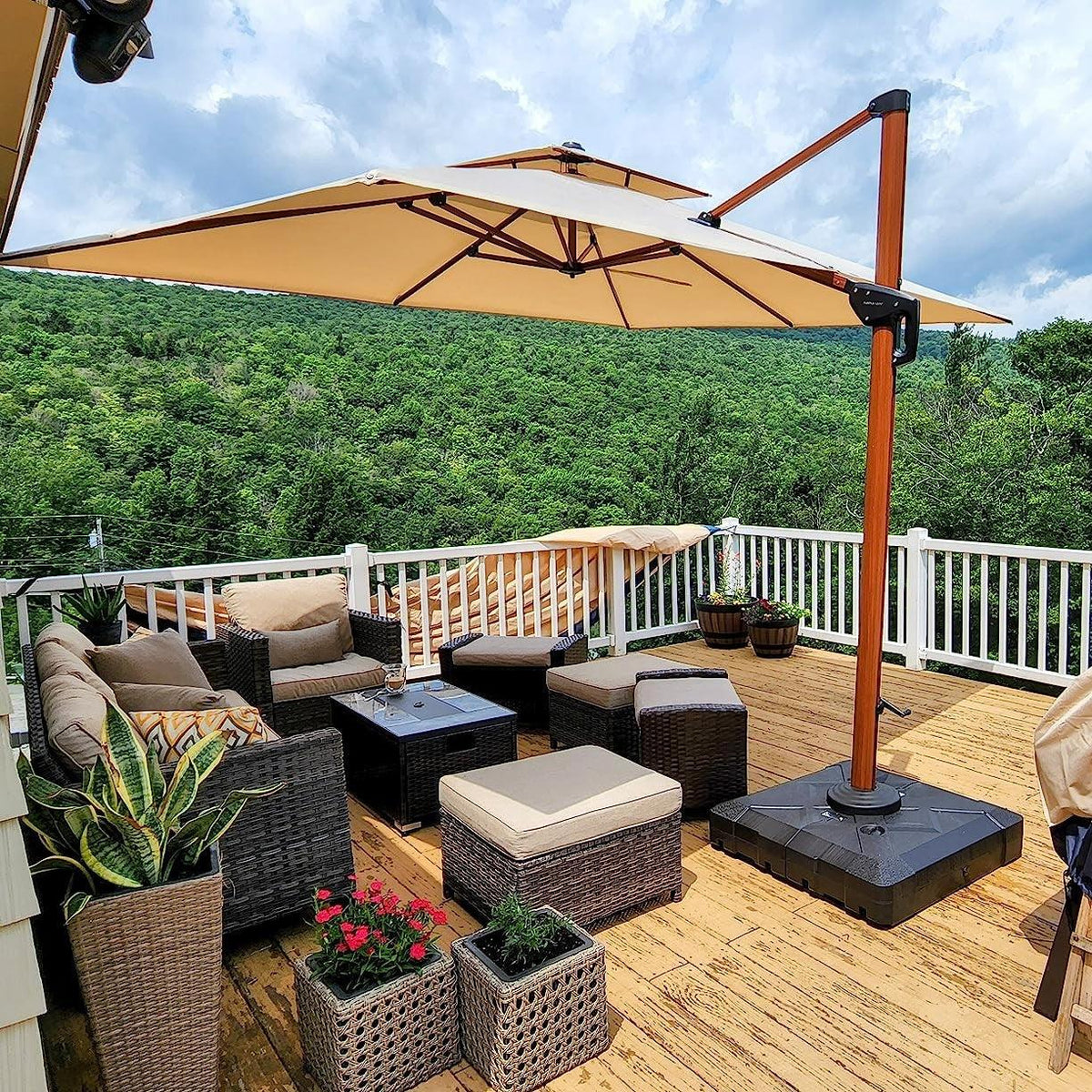 PURPLE LEAF Outdoor Garden Umbrella with Base, Cantilever Umbrellas in Wood Color