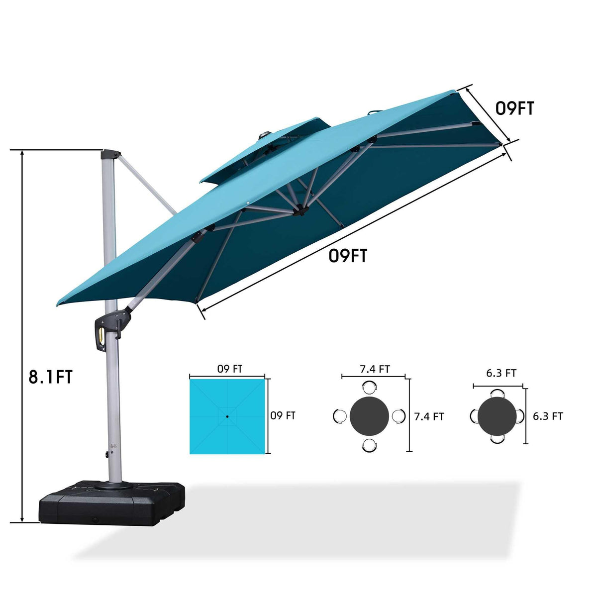 PURPLE LEAF – Parasol de terrasse avec base, parasol déporté pour piscine, bleu turquoise