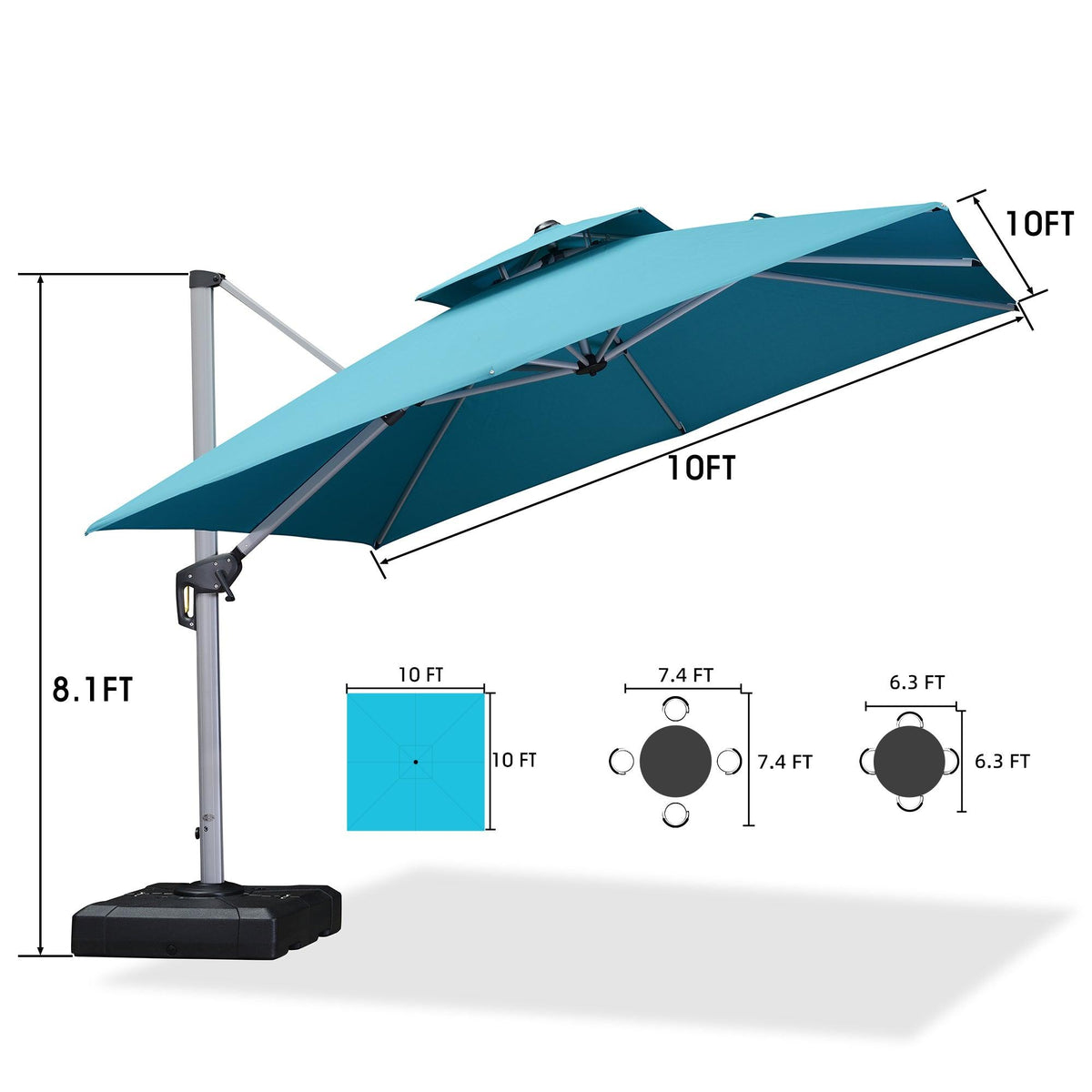 PURPLE LEAF – Parasol de terrasse avec base, parasol déporté pour piscine, bleu turquoise