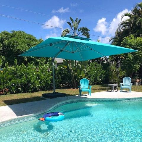 PURPLE LEAF – Parasol de terrasse avec base, parasol déporté pour piscine, bleu turquoise