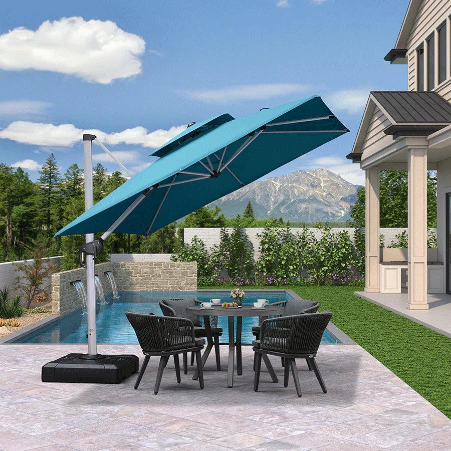 PURPLE LEAF – Parasol de terrasse avec base, parasol déporté pour piscine, bleu turquoise