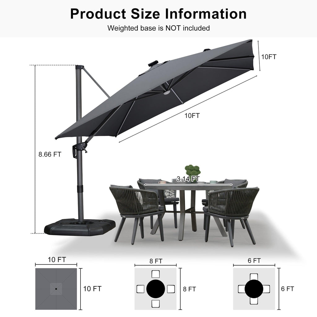 PURPLE LEAF – Parasol de terrasse déporté 10ft avec éclairage LED, rotation 360° et inclinaison