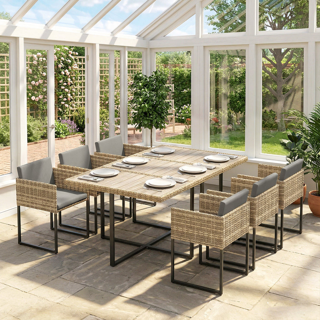 7-Piece Light Brown Rattan Dining Set with WPC Table, 6 Chairs & 12 Cushions