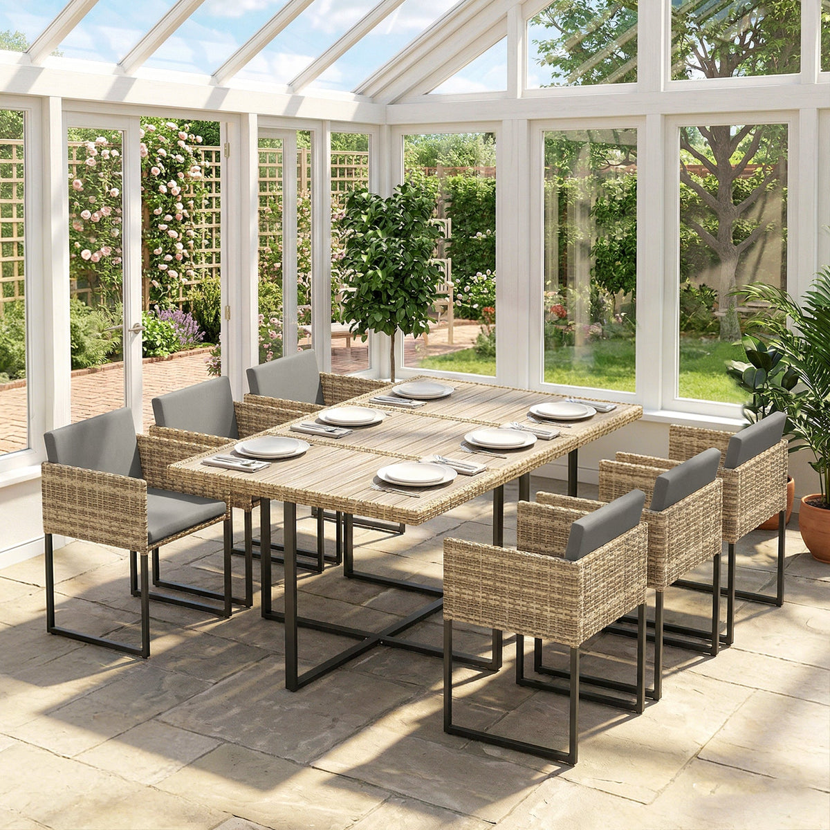7-Piece Light Brown Rattan Dining Set with WPC Table, 6 Chairs & 12 Cushions