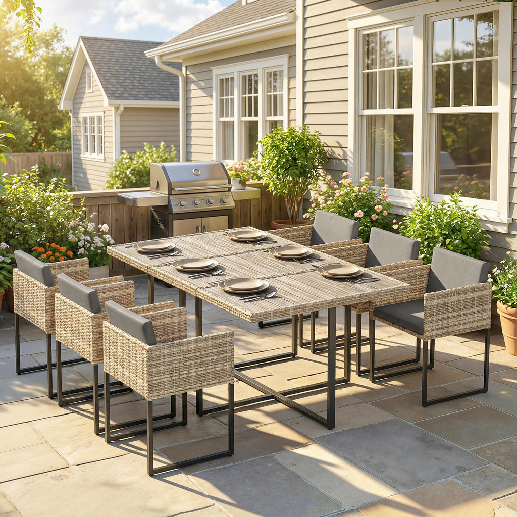 7-Piece Light Brown Rattan Dining Set with WPC Table, 6 Chairs & 12 Cushions