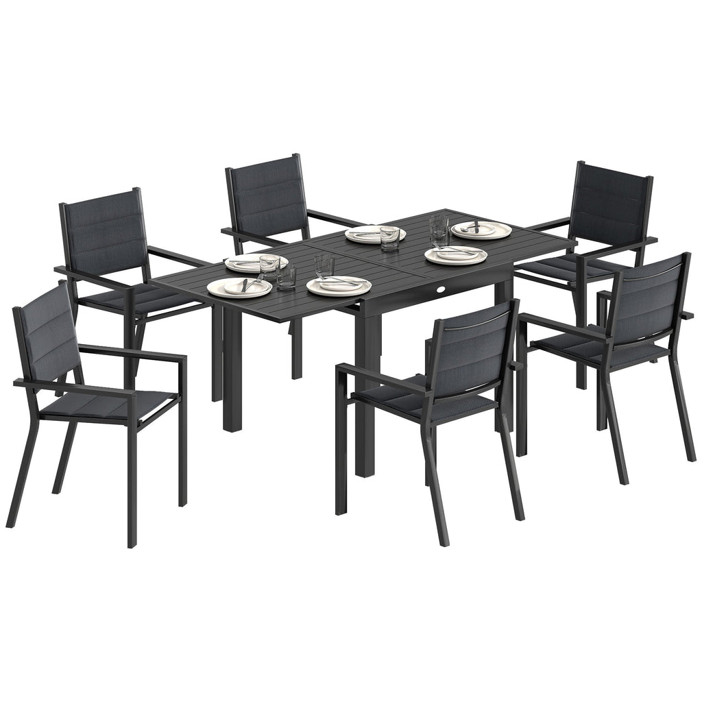 7pc Patio Dining Set with Expandable Table and Stackable Chairs, Black