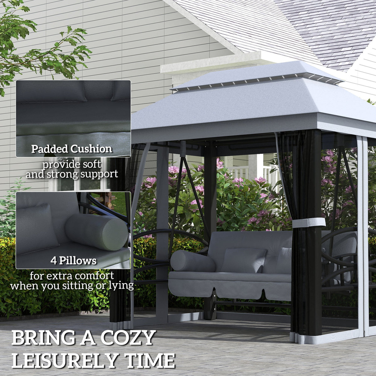 3-Seat Patio Swing Chair with Mesh Sidewalls, Gray