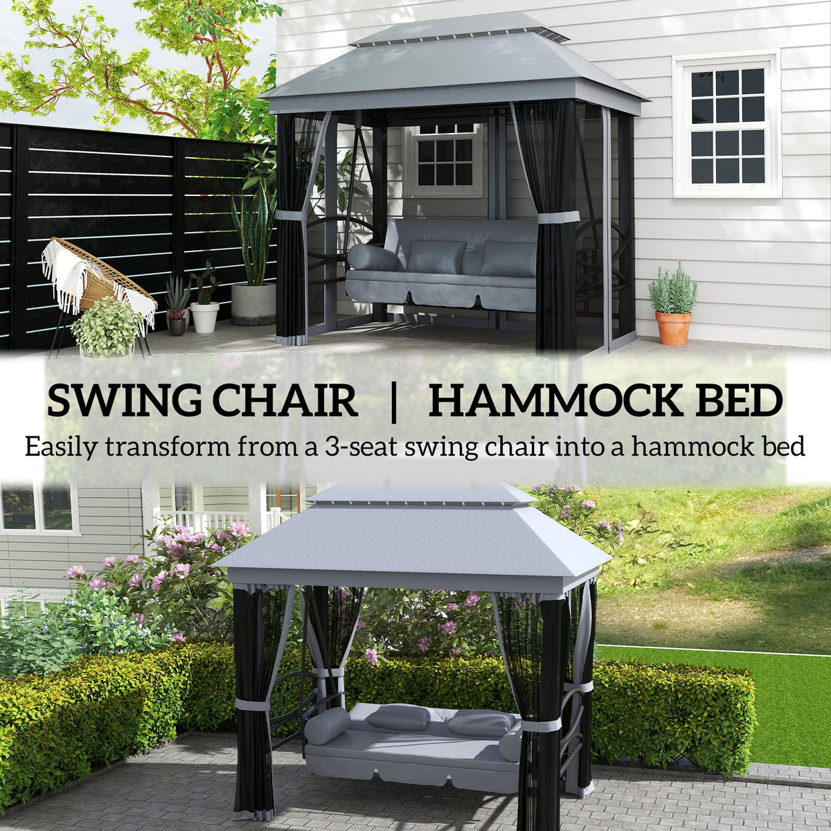 3-Seat Patio Swing Chair with Mesh Sidewalls, Gray