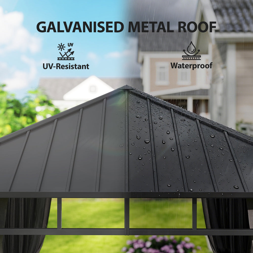 2.5 x 2.5 m Hardtop Gazebo with Galvanised Roof, Netting & Curtains, Dark Grey