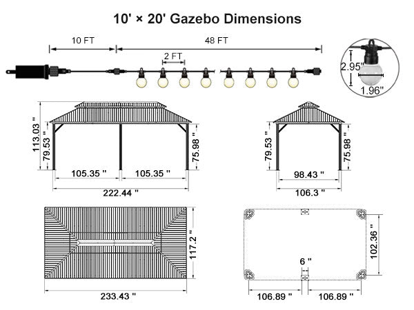 PURPLE LEAF Grey Hardtop Gazebo with Heavy Duty Galvanized Steel Double Roof with String Lights-milky