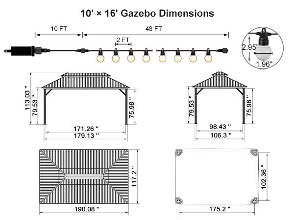 PURPLE LEAF Grey Hardtop Gazebo with Heavy Duty Galvanized Steel Double Roof with String Lights-milky
