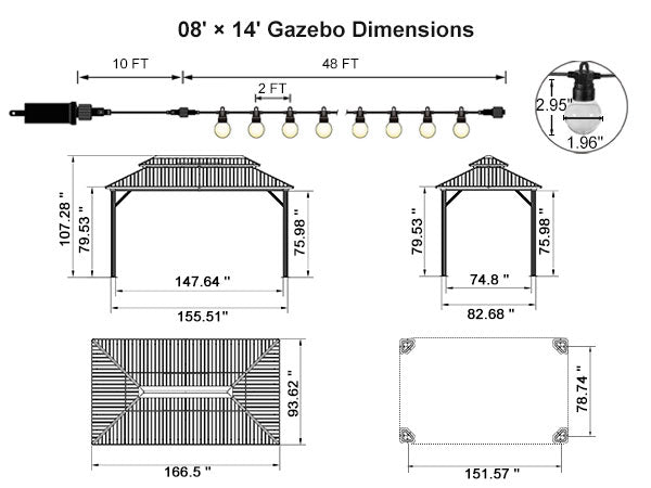 PURPLE LEAF Grey Hardtop Gazebo with Heavy Duty Galvanized Steel Double Roof with String Lights-milky