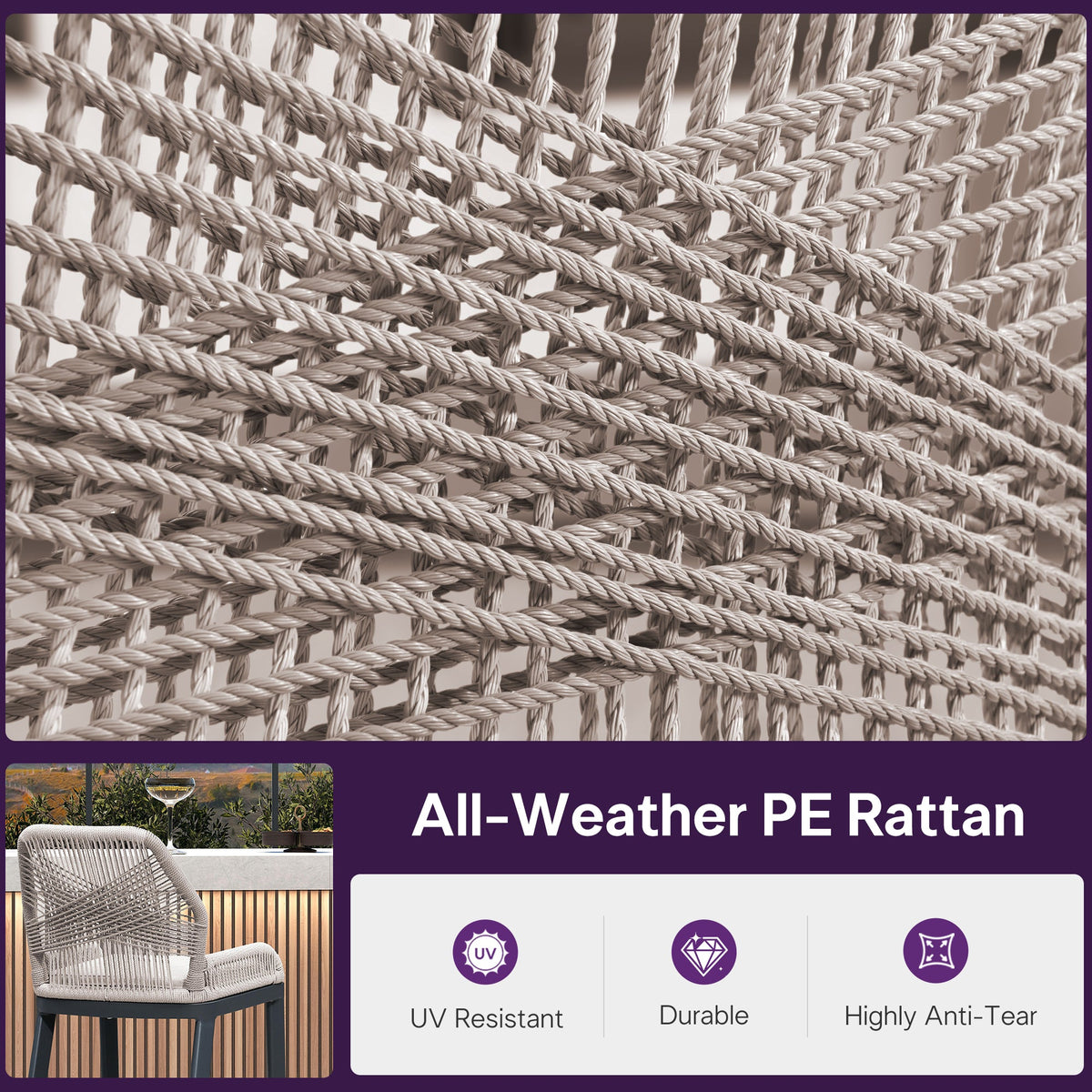 PURPLE LEAF Bar Stools Set of 4 Outdoor Aluminum Barstools with Back Modern Wicker Rattan Boho Garden Pool Patio Bar Chairs