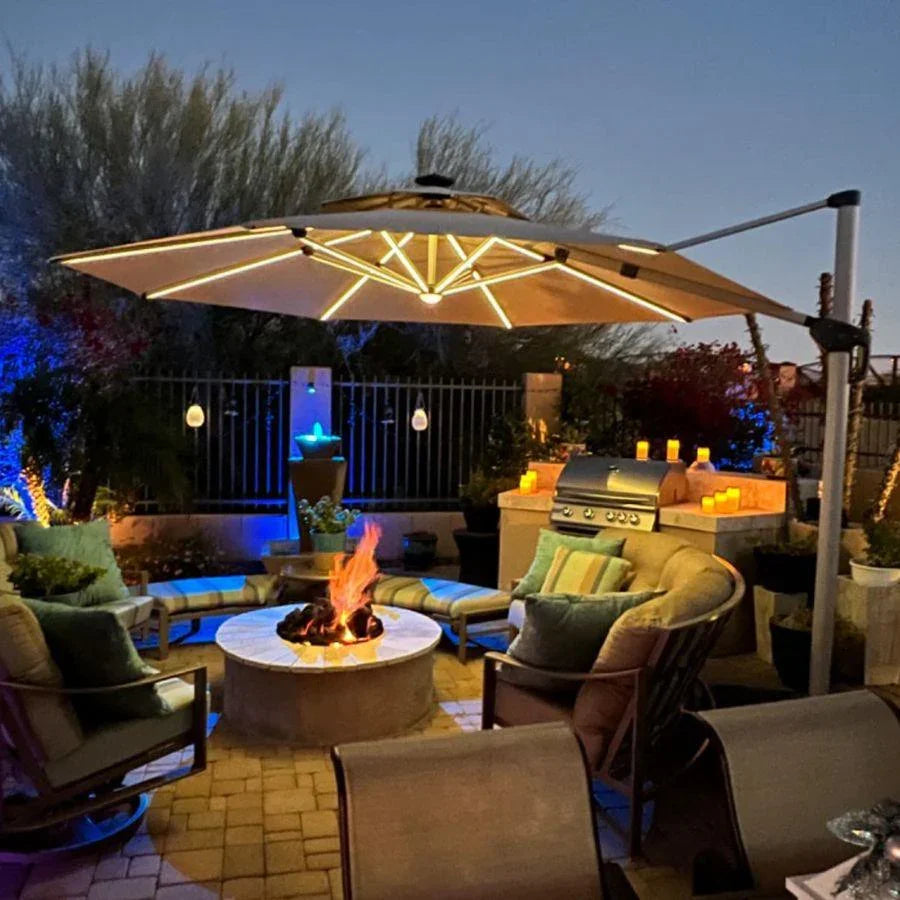 PURPLE LEAF Round Solar Lighted Cantilever Umbrella Outside Patio Umbrella with Lights