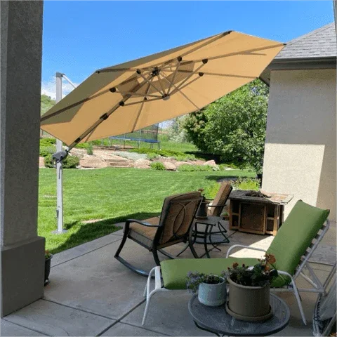 PURPLE LEAF Round Cantilever Umbrella with Base, Outdoor Umbrellas with Lights