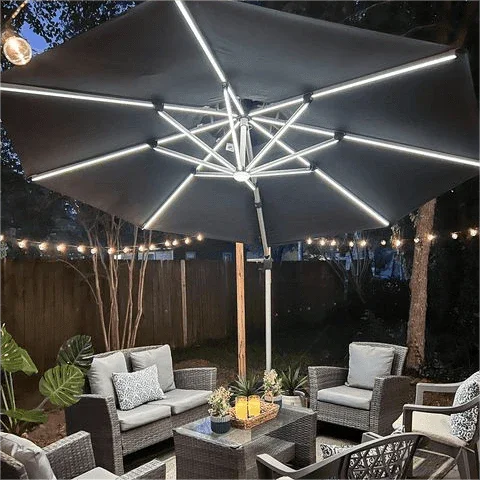 PURPLE LEAF Round Cantilever Umbrella with Base, Outdoor Umbrellas with Lights