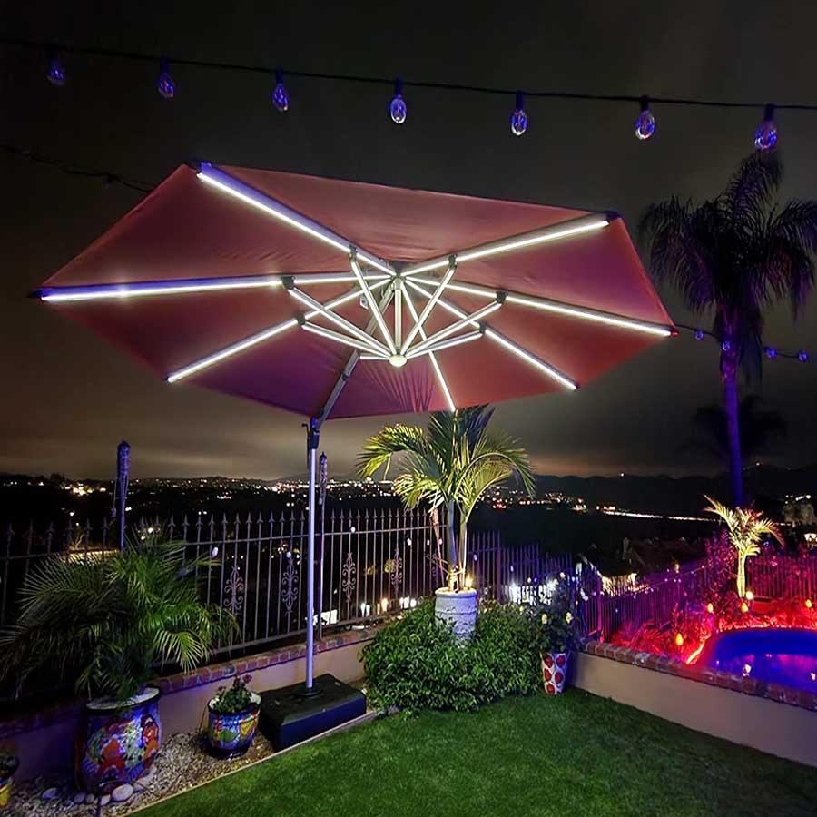 PURPLE LEAF Round Cantilever Umbrella with Base, Outdoor Umbrellas with Lights