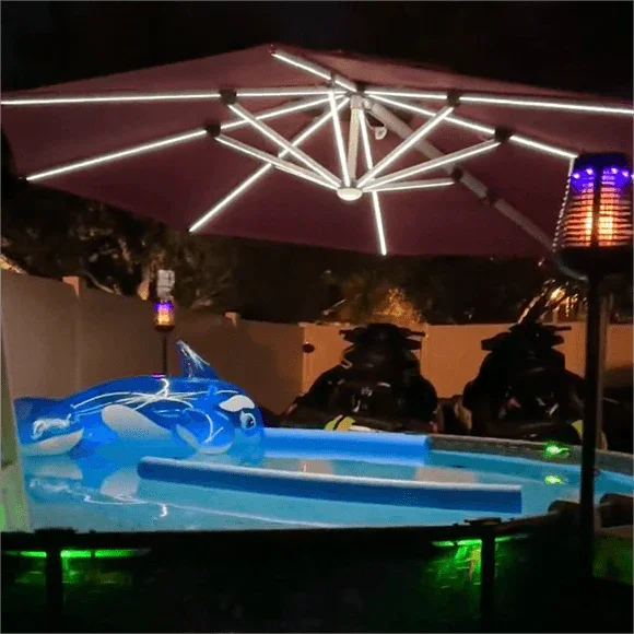 PURPLE LEAF Round Cantilever Umbrella with Base, Outdoor Umbrellas with Lights