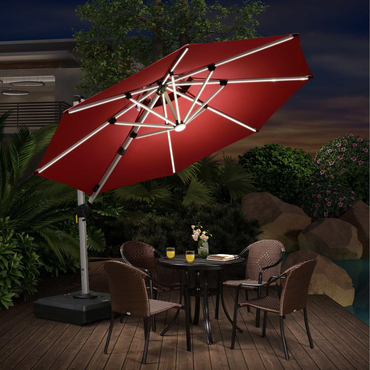 PURPLE LEAF Round Solar Lighted Cantilever Umbrella Outside Patio Umbrella with Lights