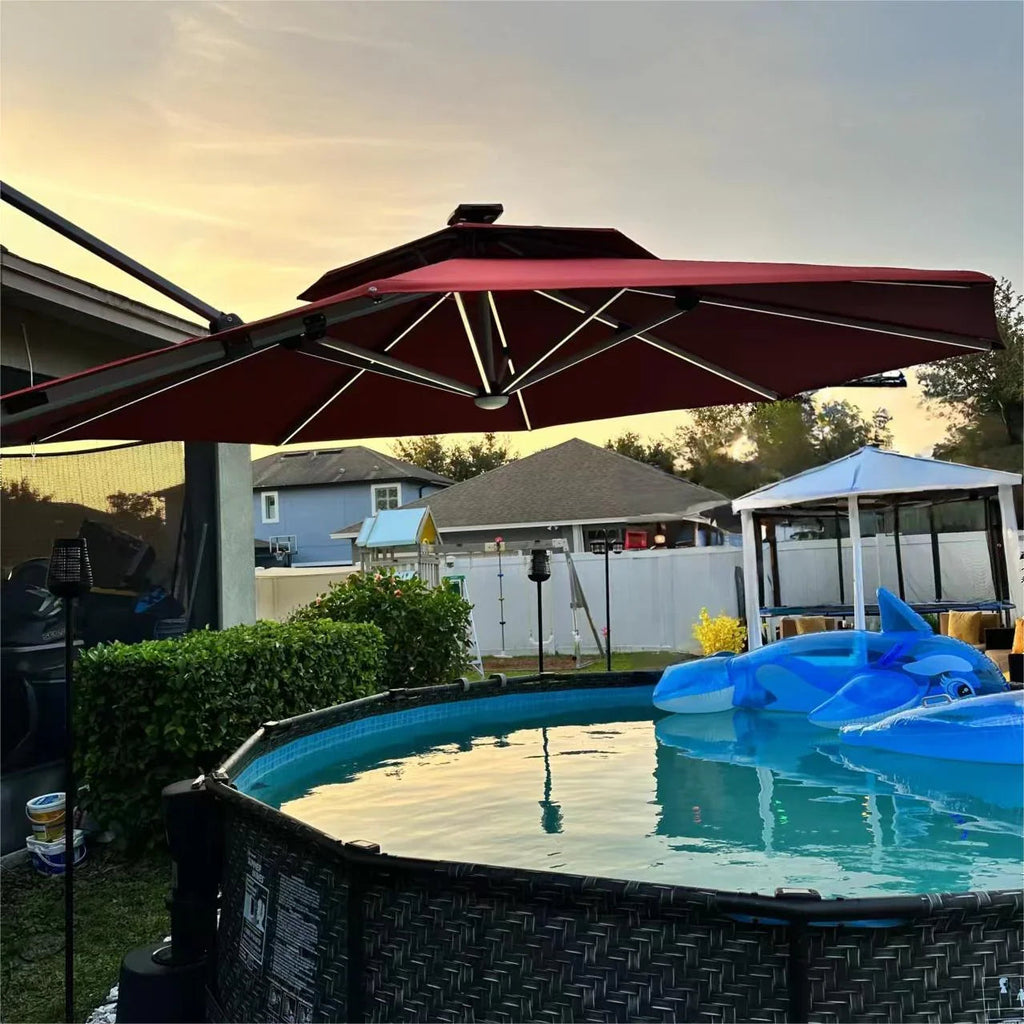 PURPLE LEAF Round Cantilever Umbrella with Base, Outdoor Umbrellas with Lights
